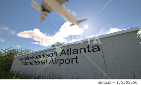 Outgoing flight concept at Hartsfield Jackson Atlanta International Airport terminal sign with jet takeoff, Atlanta, United States 3D rendering Outgoing flight concept at Hartsfield Jackson Atlanta International Airport terminal sign with jet takeoff, Atlanta, United States 3D rendering 135385650