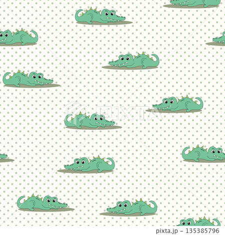 Animal seamless pattern with cartoon crocodiles on color background. Cute holiday illustration with crocodile for baby. Design for invitation, poster, card, fabric, textile, wrapper 135385796