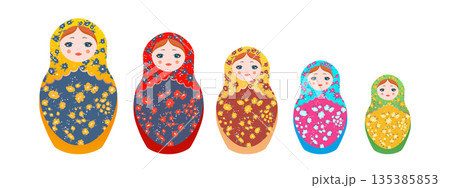 Russian Matryoshka. Traditional Russian folklore dolls with big eyes and lips. Babushka doll with hohloma, traditional painted floral pattern. Set with hand drawn vector illustration Russian Matryoshka. Traditional Russian folklore dolls with big eyes and lips. Babushka doll with hohloma, traditional painted floral pattern. Set with hand drawn vector illustration 135385853