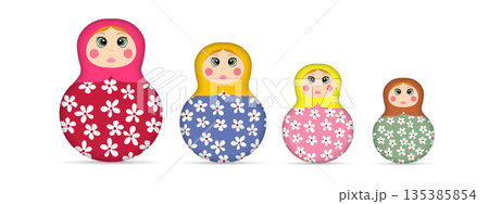 Russian Matryoshka. Traditional Russian folklore dolls with big eyes and lips. Babushka doll with hohloma, traditional painted floral pattern. Set with hand drawn vector illustration 135385854