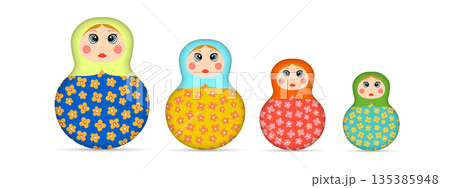 Russian Matryoshka. Traditional Russian folklore dolls with big eyes and lips. Babushka doll with hohloma, traditional painted floral pattern. Set with hand drawn vector illustration Russian Matryoshka. Traditional Russian folklore dolls with big eyes and lips. Babushka doll with hohloma, traditional painted floral pattern. Set with hand drawn vector illustration 135385948
