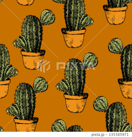 Seamless pattern with cacti, blooming succulent on color background. Vector hand drawn illustration for packaging, fabric, textile. Wild west cactus, western concept Seamless pattern with cacti, blooming succulent on color background. Vector hand drawn illustration for packaging, fabric, textile. Wild west cactus, western concept 135385971