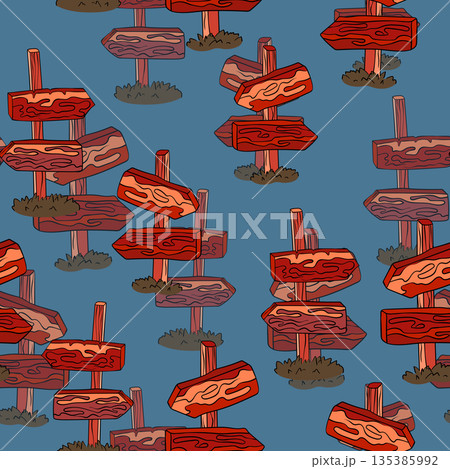 Seamless pattern with hand drawn road signs. Wooden signs with arrows. Nice design. Cartoon vector illustration for fabris, textile 135385992