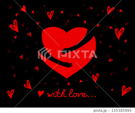 Happy Valentine's Day. Hands hug the heart. Hand drawn. Not AI, vector illustration. 135385993