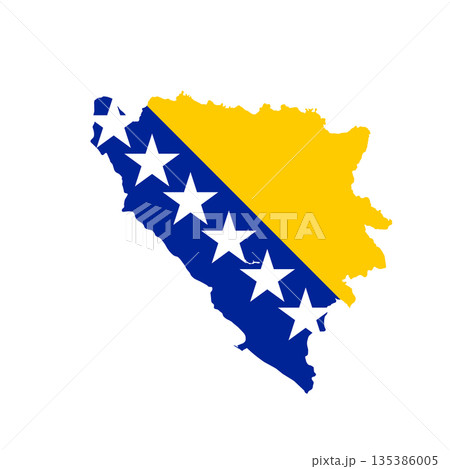 Map of Bosnia and Herzegovina with flag, sign silhouette. Bosnian national symbol in official colors. Template icon. World Map Globe. Vector Illustration isolated on white background. Europe continent 135386005