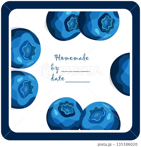 Template jam label design. Retro homemade label. Blueberry marmalade dessert product. Doodle vector illustration 135386020