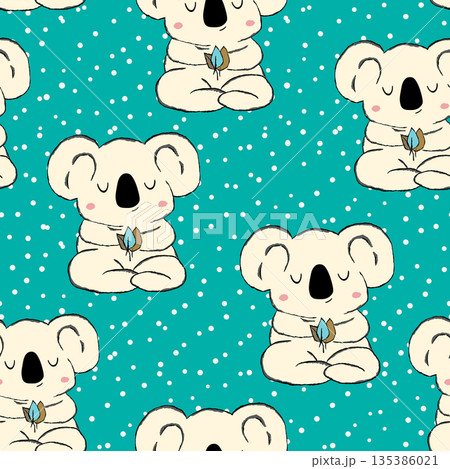 Seamless pattern with cute koala baby on color background. Funny australian animals. Card, postcards for kids. Flat vector illustration for fabric, textile, wallpaper, poster, paper 135386021