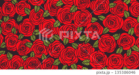 Summer background with roses flowers. Nature concept design. Modern floral composition. Vector illustration for poster, invitation, greeting card. Botanical style roses frame. Copy space 135386046