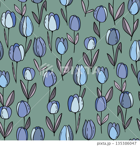 Floral colorful vector illustration with tulips. Simple minimalistic pattern with nature elements. Vector illustration for fabric, textile, poster, invitation. Trendy hand drawn textures 135386047