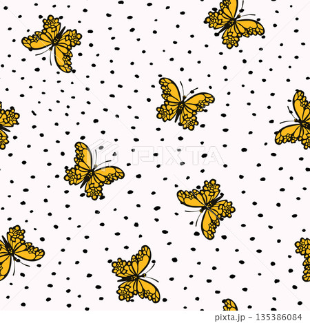 Seamless pattern with funny colorful Butterflies, flowers. Color flat vector illustration for invitation, poster, card, textile, fabric. Butterfly graphic design print. Trendy animal motif wallpaper Seamless pattern with funny colorful Butterflies, flowers. Color flat vector illustration for invitation, poster, card, textile, fabric. Butterfly graphic design print. Trendy animal motif wallpaper 135386084