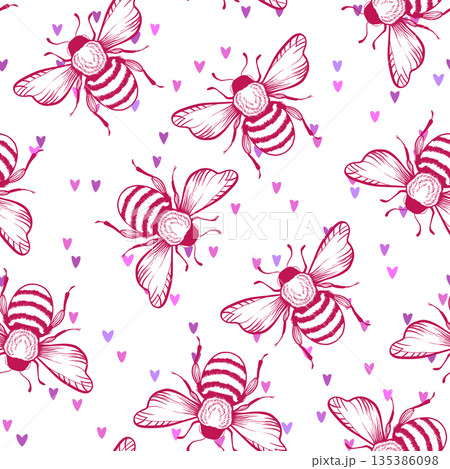 Seamless pattern with bees on floral background. Small wasp. Vector illustration. Adorable cartoon character. Template design for invitation, cards, textile, fabric. Doodle style 135386098
