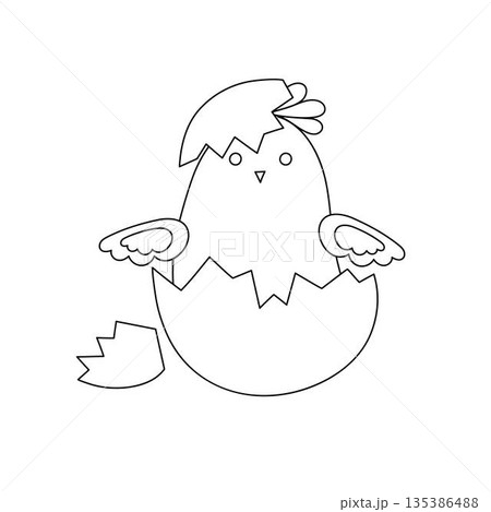 Cute little chick in hatched egg shell, funny whimsical Easter character hand drawn outline illustration, symbol of festive springtime period doodle image for cards, poster, banner, Easter decor 135386488