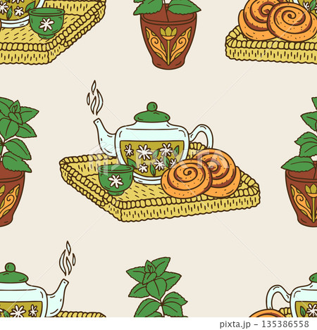 Hygge teapot with cup and pastry on woven rattan tray seamless pattern 135386558