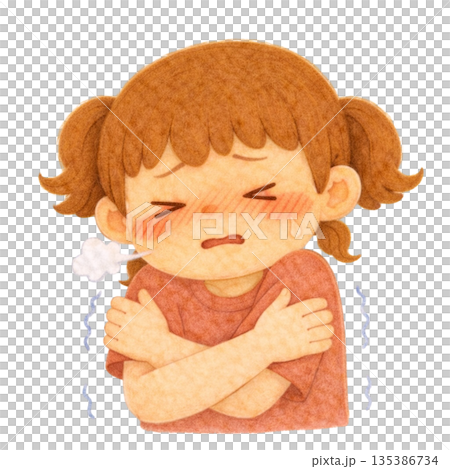 【人物】毛氈風格插畫，描繪了一個在寒冷中瑟瑟發抖的女孩 135386734