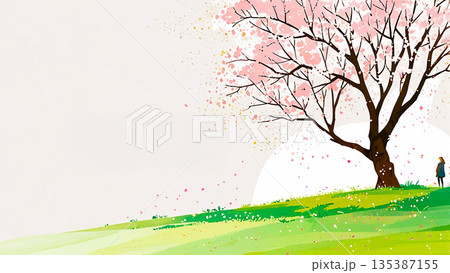 北欧風の満開の桜と草原のコピースペース背景旅立ちイメージ 135387155