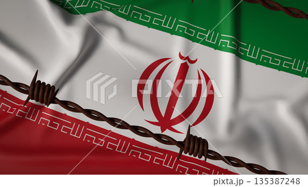 Iran National Flag with Barbed Wire Symbolizing Sanctions and Political Isolation 3d render. Iran National Flag with Barbed Wire Symbolizing Sanctions and Political Isolation 3d render. 135387248