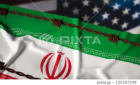 United States and Iran Tension Under Sanctions and Geopolitical Conflict Concept 3d render. United States and Iran Tension Under Sanctions and Geopolitical Conflict Concept 3d render. 135387249