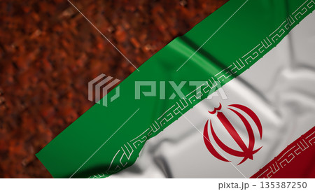 Iran National Flag Over Dry Cracked Land Symbolizing Drought and Economic Crisis 3d render. 135387250