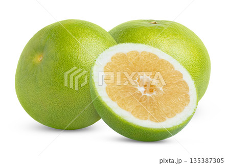 Two grapefruit sweetie with half of oroblanco with clipping path.Citrus sweetie fruits isolated. Pomelit, pomelo, oroblanco fruits with half isolated 135387305