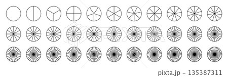 Template of pie charts. Segmented charts. Parts of diagram wheel from 1 to 33. Sectors divide the circle on equal parts. Coaching blank. Outline black graphics. Set of pizza, pie charts. Segments Template of pie charts. Segmented charts. Parts of diagram wheel from 1 to 33. Sectors divide the circle on equal parts. Coaching blank. Outline black graphics. Set of pizza, pie charts. Segments 135387311
