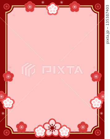紅白のかわいい梅の花の和風縦型テンプレート 135387403