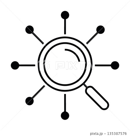 Digital Data Search Concept. Magnifying Glass Icon with Network Connection Points for Analysis, SEO, and Big Data Discovery. 135387576