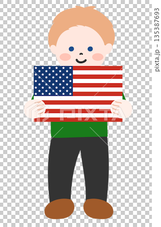 孩子雙手拿著美國國旗 孩子雙手拿著美國國旗 135387693