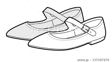 Mary Jane flat shoe women sketch pair. Strap front pointed toe footwear smart casual office outfit. Technical fashion 135387870