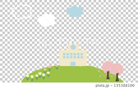 春の丘と学校のイラスト素材 135388100