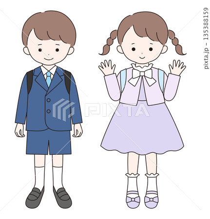 入学式にフォーマルな服装をしたかわいい子供達のベクターイラスト。男の子、女の子、小学生 135388159