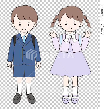 入学式にフォーマルな服装をしたかわいい子供達のベクターイラスト。男の子、女の子、小学生 135388159