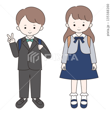 入学式にフォーマルな服装をしたかわいい子供達のベクターイラスト。男の子、女の子、小学生 入学式にフォーマルな服装をしたかわいい子供達のベクターイラスト。男の子、女の子、小学生 135388160