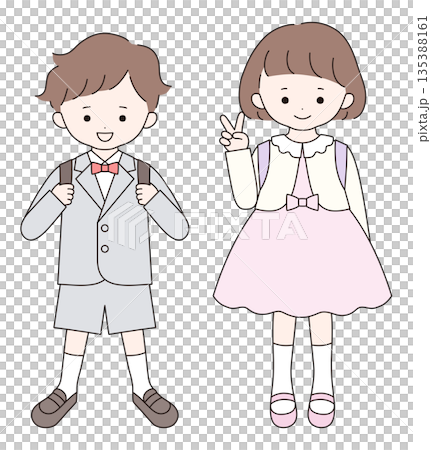 向量插圖，描繪了身著正式禮服參加入學典禮的可愛兒童。包括男孩、女孩和小學生。 135388161