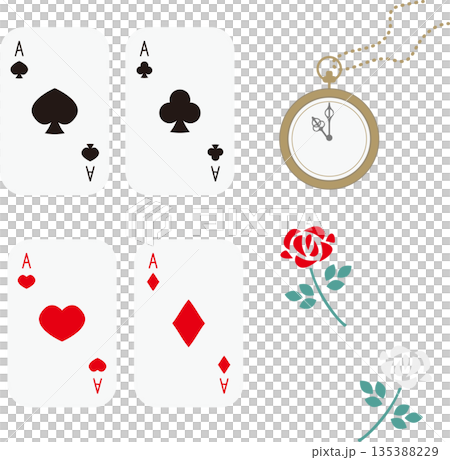 一套可愛的插畫，圖案包括玫瑰、懷錶和撲克牌。 135388229