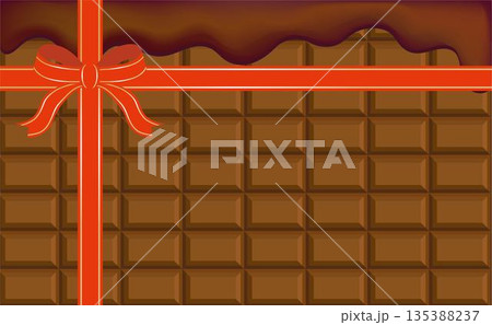 バレンタインの板チョコ背景素材。赤いリボンと上からとろけるチョコレートのフレーム 135388237