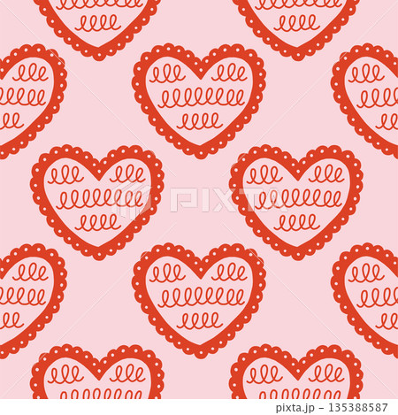 Vector seamless pattern with decorative hearts in a whimsical doodle style. Romantic pink and red design inspired by folk art, perfect for Valentines Day, wrapping paper, textiles, and branding Vector seamless pattern with decorative hearts in a whimsical doodle style. Romantic pink and red design inspired by folk art, perfect for Valentines Day, wrapping paper, textiles, and branding 135388587