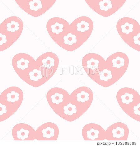 Vector seamless pattern with decorative hearts in a whimsical doodle style. Romantic pink and red design inspired by folk art, perfect for Valentines Day, wrapping paper, textiles, and branding 135388589