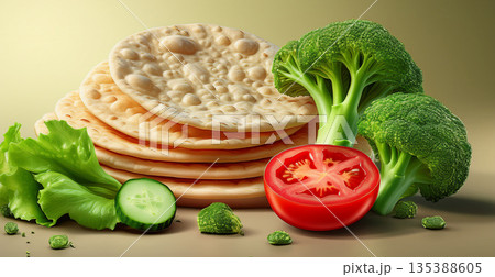 3D render of fast food vegetable ingredients including tomato slices, lettuce patta, and broccoli, realistic textures, soft reflections, light gradient background 135388605