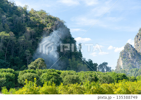 Scenic view of lush green mountains with white smoke rising from a dense forest. Foreground features a vibrant agricultural field and yellow flowers under a clear blue sky. Tropical landscape. Scenic view of lush green mountains with white smoke rising from a dense forest. Foreground features a vibrant agricultural field and yellow flowers under a clear blue sky. Tropical landscape. 135388749