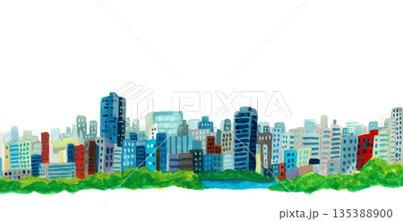 手描き水彩イラスト　都市と自然 135388900