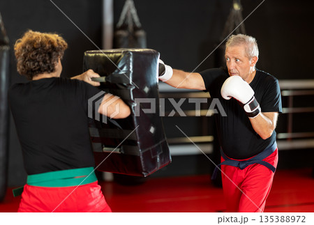Senior man in boxing gloves punching shield during training Senior man in boxing gloves punching shield during training 135388972