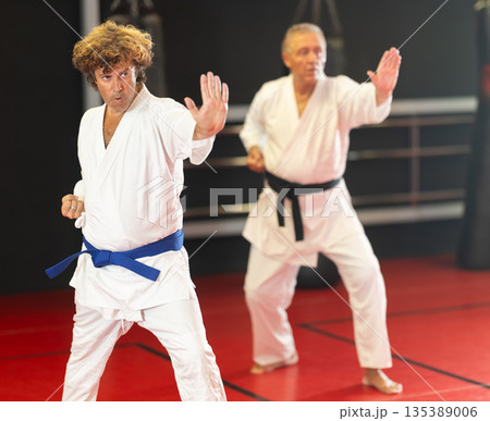 Middle-aged karateka practicing punches in dojo 135389006
