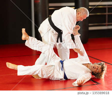 Senior aikido practitioner training with partner in dojo 135389018