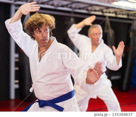 Middle-aged karateka practicing punches in dojo 135389637
