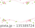 水彩風の桜と葉の和風フレーム 上下ラインの装飾と新緑の背景素材 135389724