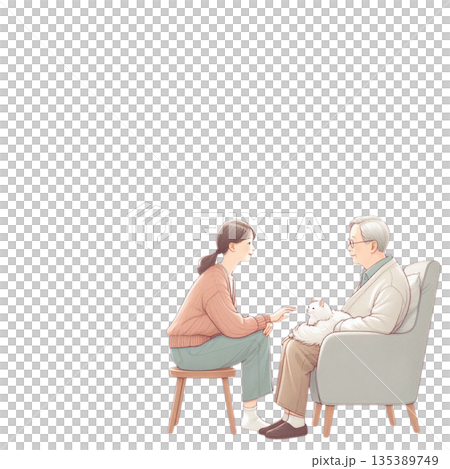 溫柔的照顧插圖，描繪了一位照顧者照顧一位老人和一隻貓的場景（透明背景） 135389749