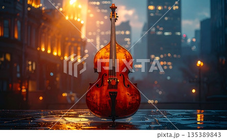 夜の都会に佇むコントラバスと光のボケ 夜の都会に佇むコントラバスと光のボケ 135389843