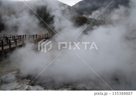 硫黄の匂い漂う雲仙地獄谷　清七地獄の風景 135389887