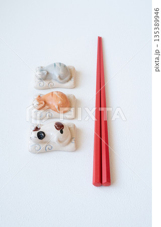 白い背景の赤いお箸と猫のかわいい箸置き 135389946
