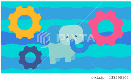 歯車とゾウのキャラクターで表現した仕組み・連携・システムのイメージイラスト 135390102